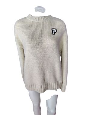 PINK Victoria's Secret Cream Crewneck Sweater with 'P' Patch Y2K
